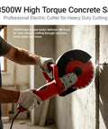 Top Shelf 14 Inch Electric Circular Concrete Saw 3500W Powerhouse Masonry Cutter cutting through concrete wall.