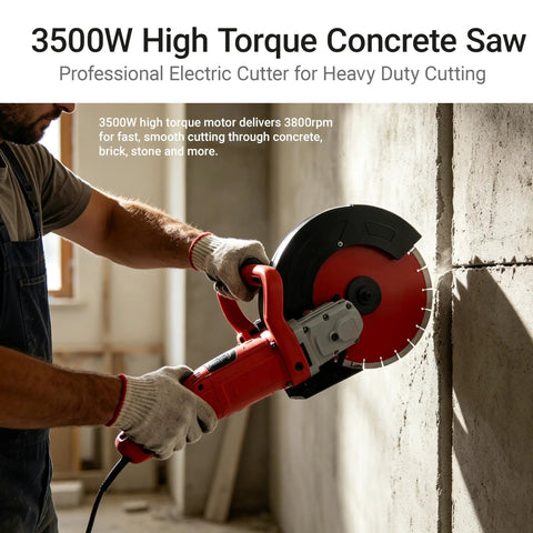 Top Shelf 14 Inch Electric Circular Concrete Saw 3500W Powerhouse Masonry Cutter cutting through concrete wall.