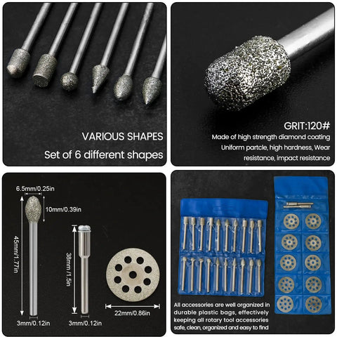 32 Piece Diamond Burr Set For Rotary Tools Pro Grade Diamond Grinding Bits Grab-And-Go 1/8 Inch Shank with accessories and bag