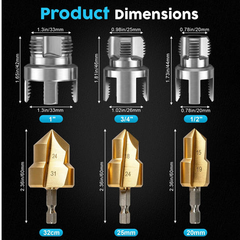 Pipe Threading And Reaming Tool Kit For PVC Plumbing Projects With Cutter Set Of 10 Pcs Dual Function showing product dimensions