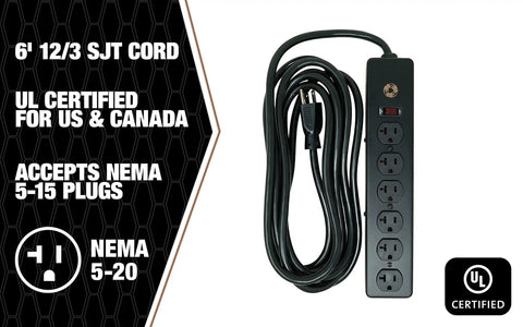 Beefy All Metal Mountable Power Strip With 6 NEMA 5-20 Receptacles, 20 Amp Capacity And NEMA 5-20 Plug, 6 ft cord, black design.