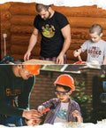 Father and child working on DIY projects, wearing shirts made with Dope Rusty Look Heat Transfer Vinyl Set With Scratched Distressed Overlay.