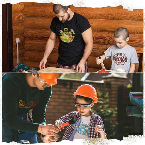 Father and child working on DIY projects, wearing shirts made with Dope Rusty Look Heat Transfer Vinyl Set With Scratched Distressed Overlay.