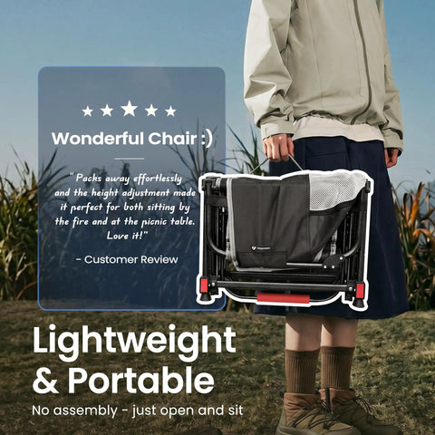 Person holding Foldable Camping Director Chair With Adjustable Height, Built Tough Oversized Seat, Side Table And Storage Pocket