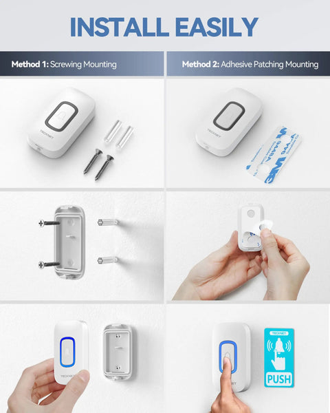 Installation methods for Plug In Wireless Doorbell With RGB Lighting And 1300 Ft Range for home and office, screws and adhesive options shown