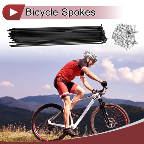 38 Piece 13G Bicycle Spokes Set 213mm Length Carbon Steel Black Wheel Spokes With Nipples Durable Bike Rim Spokes For Wheel Building Repair And Upgrades with Cyclist Background