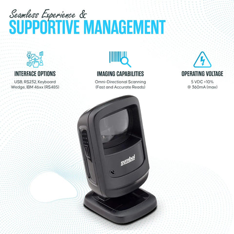 Hands Free 1D 2D Barcode Scanner With USB Cable And Microfiber Cleaning Cloth High Performance Imaging Compact Design Standard Range Renewed Unit Easy Plug And Play For Retail Or Inventory shown with interface options and features.