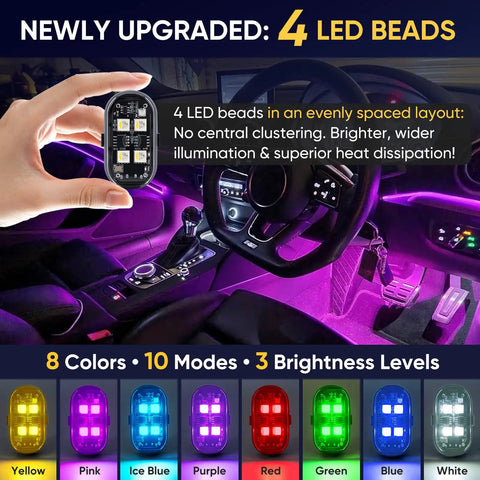 Lit Wireless LED Strobe Lights With Remote Control, 8 Colors, featuring 4 LED beads in a car interior, showing brightness