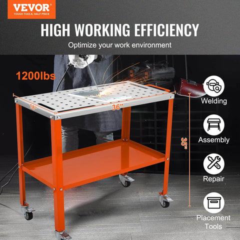 Rugged 36 By 18 Inches Welding Table On Wheels With 1200 Pound Load Capacity Portable Metal Workbench With Locking Brakes