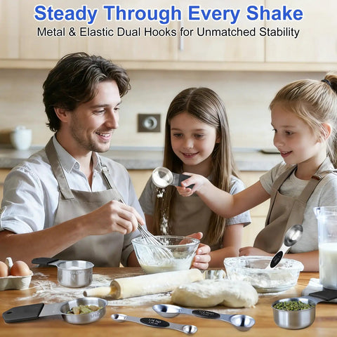 Family using Magnetic Measuring Cups And Spoons Set For Kitchen Use With Nesting Design in baking activity