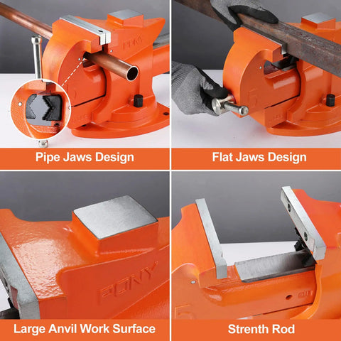 Heavy Duty Bench Vise With Five Inch Jaw And Seven Inch Opening, 360 Degree Swivel Base With Anvil For Woodworking Pipes And Tubes