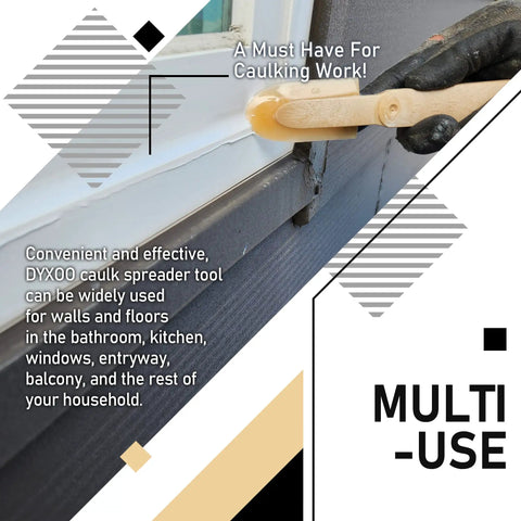 Pro Grade Silicone Caulking Tool Set Five Size Kit smoothing caulk on window frame with ergonomic handle and rubber tip.