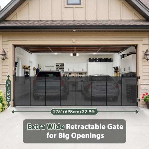 Extra Wide Retractable Baby Gate Delivering Rock Solid Safety For Mega Garages Wide Driveways And Big Patios in matte black.