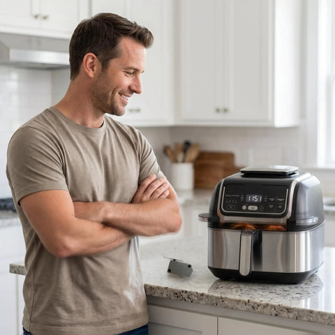 Man smiling at air fryer on kitchen counter with Replacement Sensor Switch Lever Micro Switch 16A 125V 250V nearby