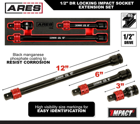 Half inch drive locking impact socket extension set with 3, 6, and 12 inch bars in organizer, coating resists corrosion