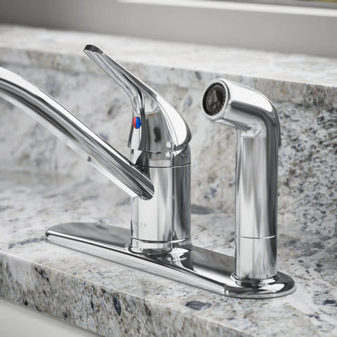 Jolt Swing Spout With Integrated Side Spray, Go-To Heavy-Duty Metal Faucet For Deck Mounted Widespread 2-Hole Install on stone counter