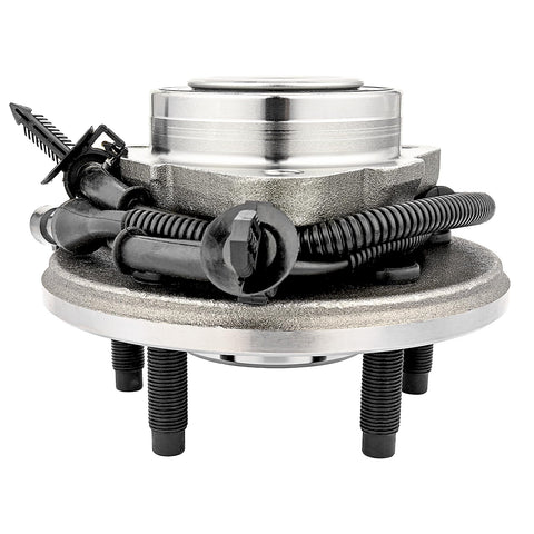 Ready To Roll 2 Piece Front Wheel Hub Bearing Assembly For Ford Explorer 2002 To 2005 Mercury Mountaineer 2002 To 2005 Lincoln Aviator 2003 To 2005 5 Lug Bolts With ABS Front Wheel Hub Replacement Set, front view with ABS wires and lug bolts visible.
