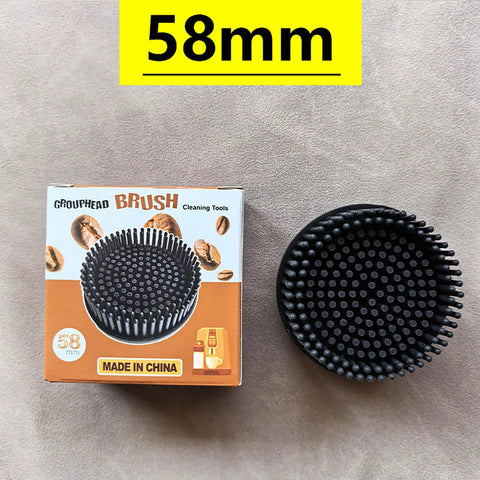 58mm grouphead brush with bristles next to packaging; Long Handle Espresso Machine Cleaning Brush With Soft Bristles For Deep Clean Of Coffee Makers Easy Grip Antislip Handle Ideal For Home Baristas And Coffee Shops