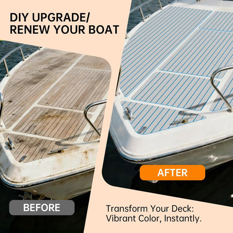 Before and after transformation using Non Slip EVA Boat Decking With 3M Adhesive Backing Self Adhesive Cuttable Traction Pad