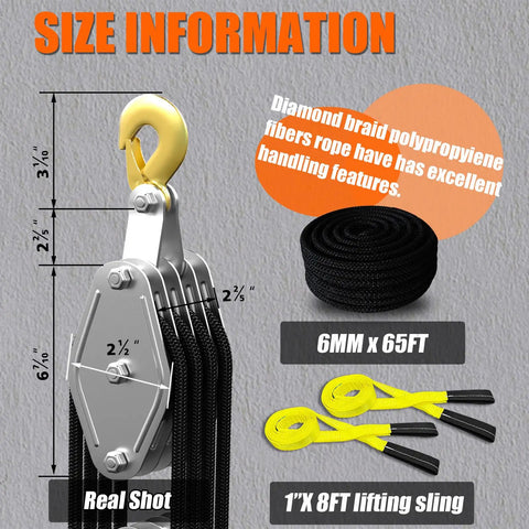 Diagram showcasing Rope Hoist Pulley System 4400 Lb Pulley Block And Tackle With 8 To 1 Ratio Lifting Power and components.