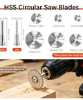 Close-up of HSS circular saw blades from All Purpose Rotary Tool Gear Set Pro Grade 148 Piece Sanding Drums And Cutting Wheel Kit.