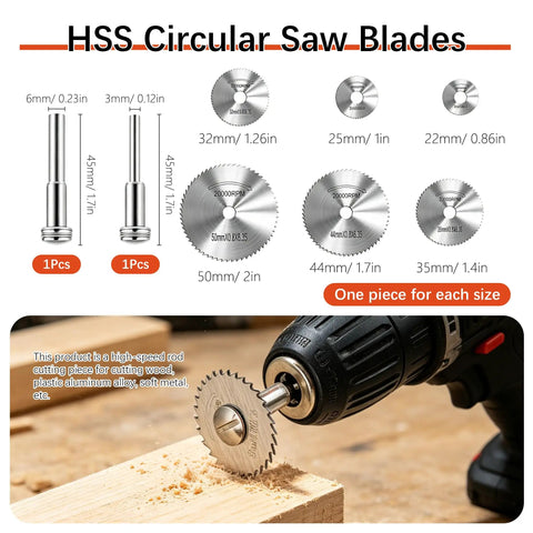 Close-up of HSS circular saw blades from All Purpose Rotary Tool Gear Set Pro Grade 148 Piece Sanding Drums And Cutting Wheel Kit.