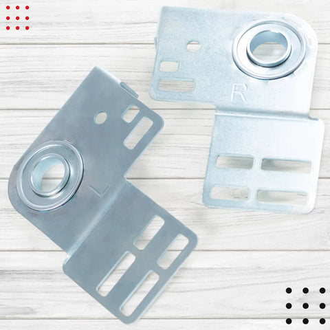 3 3/8 Inch Bearing End Plates Brackets For 2 Inch Track Wood Or Steel Garage Doors Residential End Bearing Brackets Beefy Steel One Pair Bearing Bracket Parts visible on wooden surface