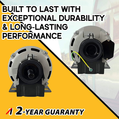 Dual view of 1/3 HP Belt Drive Motor GF2034 1725 RPM, showcasing durability and 2-year warranty
