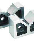 Heavy Duty Cast Iron V Block With 3-Inch Base, Precision Ground And Machined For Holding Large Workpieces At 90 Degrees During Drilling, Milling, And Grinding, 2 Pack, shown angled