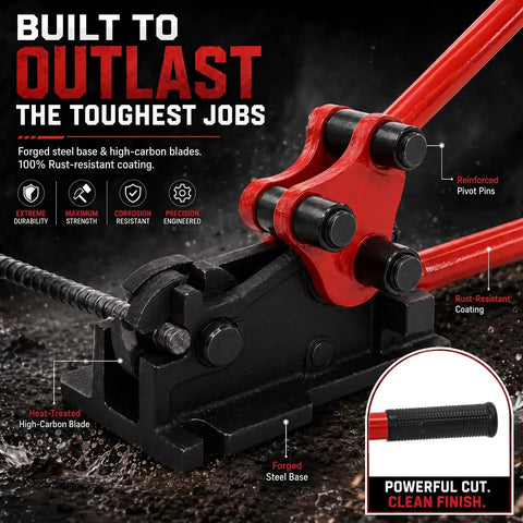 Threlaco 2 In 1 Rebar Bender And Cutter Manual Metal Rod Bending Tool Effortlessly Cut And Bend Steel Rebar Up To 5/8 Inch Diameter Heavy Duty Construction Grade Bending Machine For DIY And Pro Jobs Red with forged steel base and high-carbon blades.