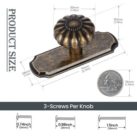 Product size details of Vintage Antique Brass Cabinet Knobs With Backplates 8 Pack Drawer Pulls for Kitchen and Dresser Cabinets