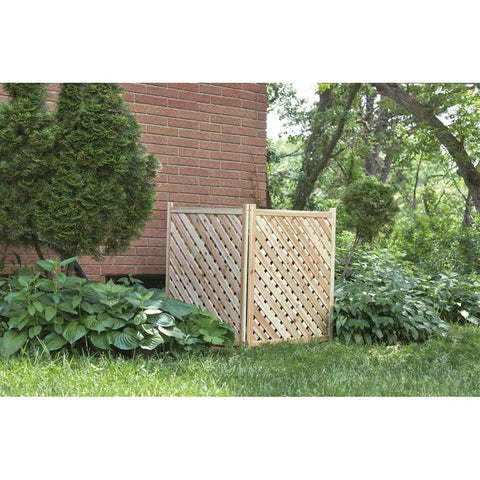Outdoor Air Conditioner Fence Screen And Privacy Enclosure, perforated wooden lattice panel made from solid fir in garden setting