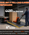 Massive 4400Lb Capacity Electric Pallet Jack Truck With Extra Battery loading boxes on a truck ramp with 6 degree incline.