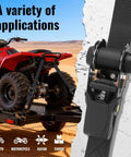 Four Pack Heavy Duty Ratchet Straps Deliver Lockdown Tight Tie Downs For Secure Trailer Hauling 2100 Pound Breaking Strength With Tough As Nails Reinforced Black Webbing And Reliable S Hooks securing an ATV on a trailer.