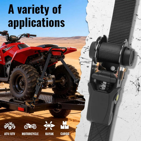 Four Pack Heavy Duty Ratchet Straps Deliver Lockdown Tight Tie Downs For Secure Trailer Hauling 2100 Pound Breaking Strength With Tough As Nails Reinforced Black Webbing And Reliable S Hooks securing an ATV on a trailer.