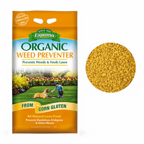 Espoma organic corn gluten weed preventer bag and granules, prevents weeds and feeds lawn.