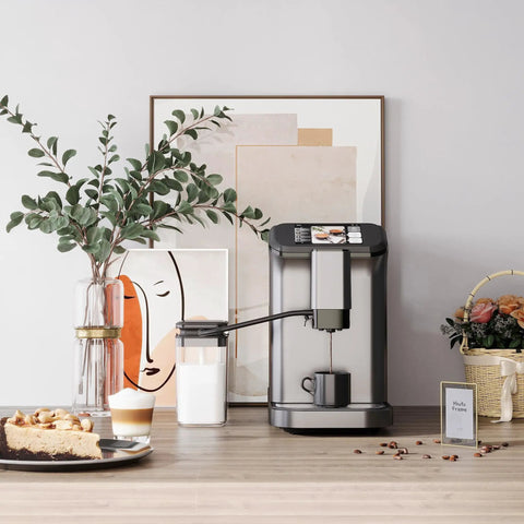 Fully Automatic Espresso Machine With Built In Grinder And Dual Boilers brews cappuccino next to coffee and dessert on a kitchen counter.