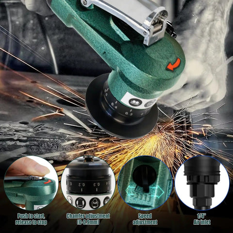Aepiraza 2 In 1 Pneumatic Air Chamfer Tool Deburring Machine with speed and chamfer adjustments, used for fast metal edge finishing.