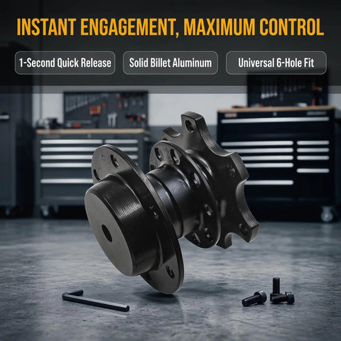 Universal Quick Release Steering Wheel Hub Adapter Kit With Anti Theft Six Bolt Boss Plate And Raised Spacers For Your Daily Whip And Weekend Builds In Matte Satin Black Finish, solid aluminum hub close-up.