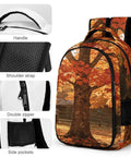 Autumn Red Maple Log Cabin Print Unisex Backpack with Large Capacity, durable polyester, showing tree design and details.