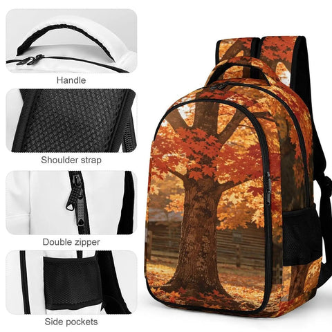 Autumn Red Maple Log Cabin Print Unisex Backpack with Large Capacity, durable polyester, showing tree design and details.