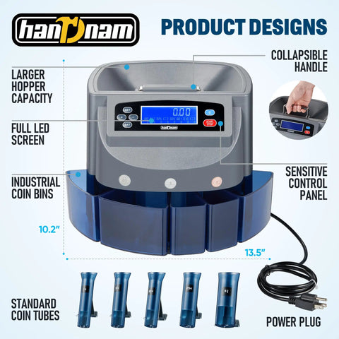 Super Fast Coin Counter Machine Electric Coin Sorter Counts 270 Coins Per Minute Sorts And Wraps Coins From Pennies To Dollars With LCD Display 500 Coin Capacity Ideal For Home Office Retail Cash Handling shown with blue coin bins, power plug, and LED screen.