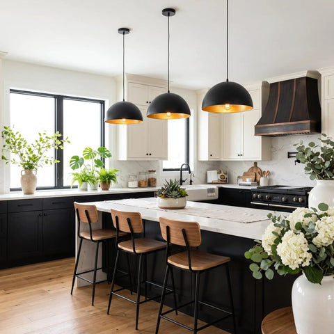 15" Black and Gold Dome Pendant Lights, 3 Pack Industrial Farmhouse Textured Matte Black Hanging Light Fixtures with Hand-Applied Gold Leaf Interior for Kitchen Island, Dining Room, Bar, E26 over modern kitchen island