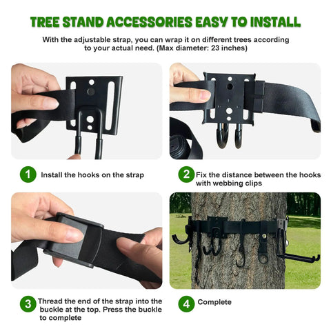 Image showing installation steps for 8 In 1 Strap Hangers Kit With Bow Hanger And Multi Hook Gear, Rugged Tree Stand Accessory.