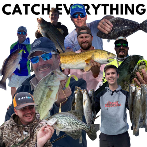 Group of fishermen holding various fish catches, showcasing successful inshore fishing with GoldenEye One Eighth Ounce Jig Head.