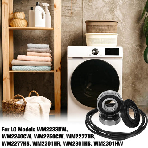 Heavy Duty Front Load Washer Tub Bearing And Seal Kit Replacement For Lg And Kenmore Rigs on laundry shelf with towels.
