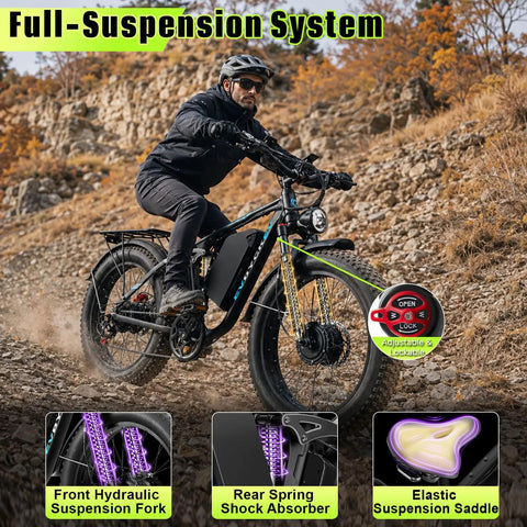 Huge 9000W Peak Dual Motor Electric Bike For Adults With Insane Speed Up To 47 Mph And Heavy Duty Build For Climbing Steep Slopes Like A Pro, full-suspension fat-tire e-bike on rocky trail
