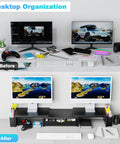 Before and after view with Dual Monitor Stand Riser With Drawer And Pen Holders Desk Organizer And Book Racks For Office Desk Accessories Boss Level Workspace Organizer For Two Monitors In Black.