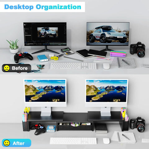 Before and after view with Dual Monitor Stand Riser With Drawer And Pen Holders Desk Organizer And Book Racks For Office Desk Accessories Boss Level Workspace Organizer For Two Monitors In Black.