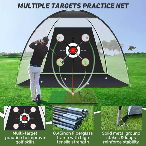 Man practicing with Backyard Golf Practice Net 10x7 Ft With Practice Mat in outdoor setting, featuring target pockets.